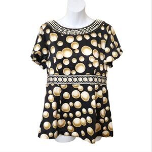 ECI NEW YORK Pearl Embellished Neckline Dot Print Short Sleeve Blouse Top Size 8